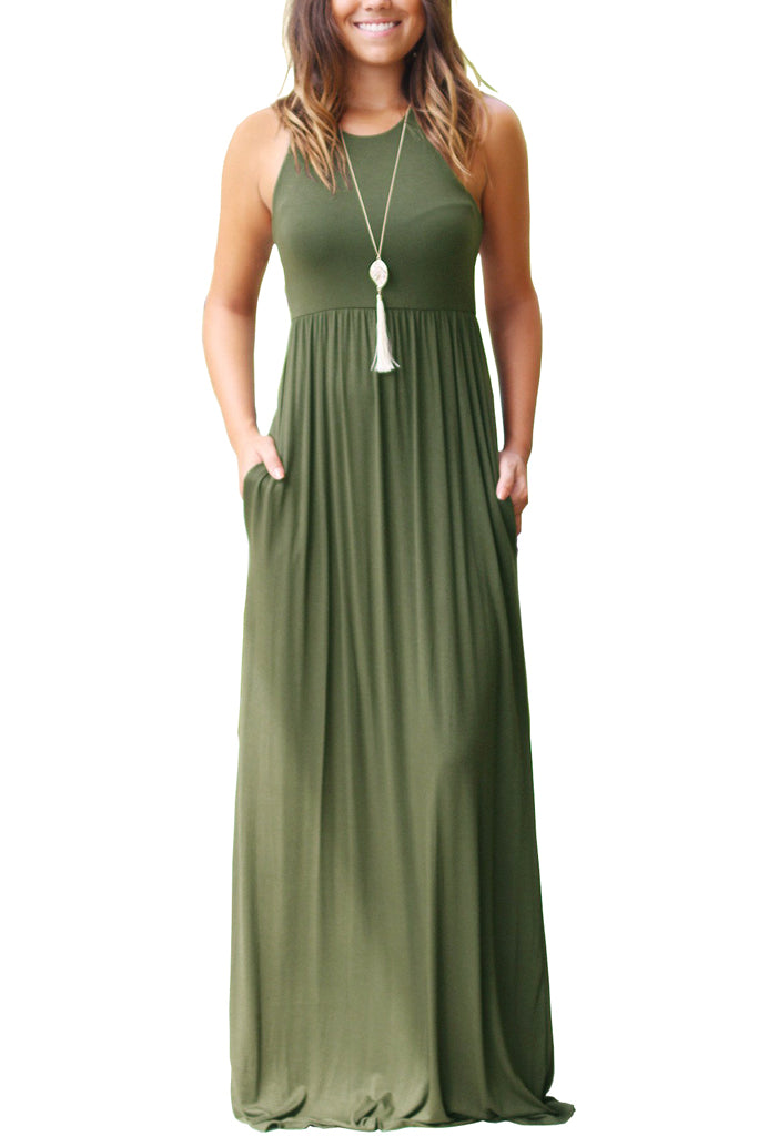 Sleeveless Racerback Loose Plain Maxi Dresses Casual Long Dresses with Pockets royal Blue army Green
