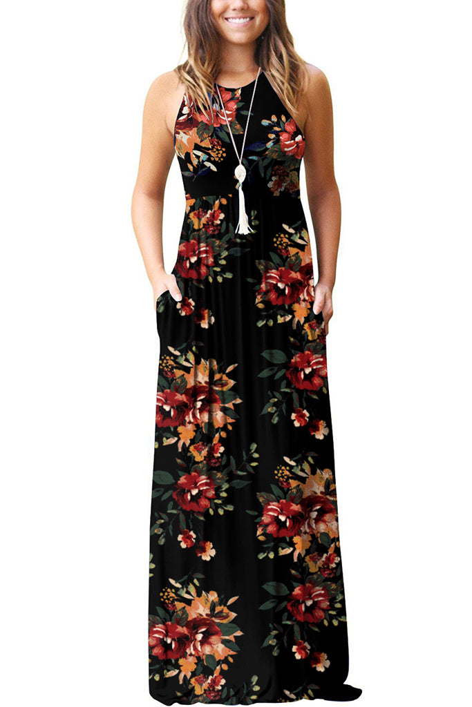 Sleeveless Racerback Loose Plain Maxi Dresses Casual Long Dresses with Pockets Floral
