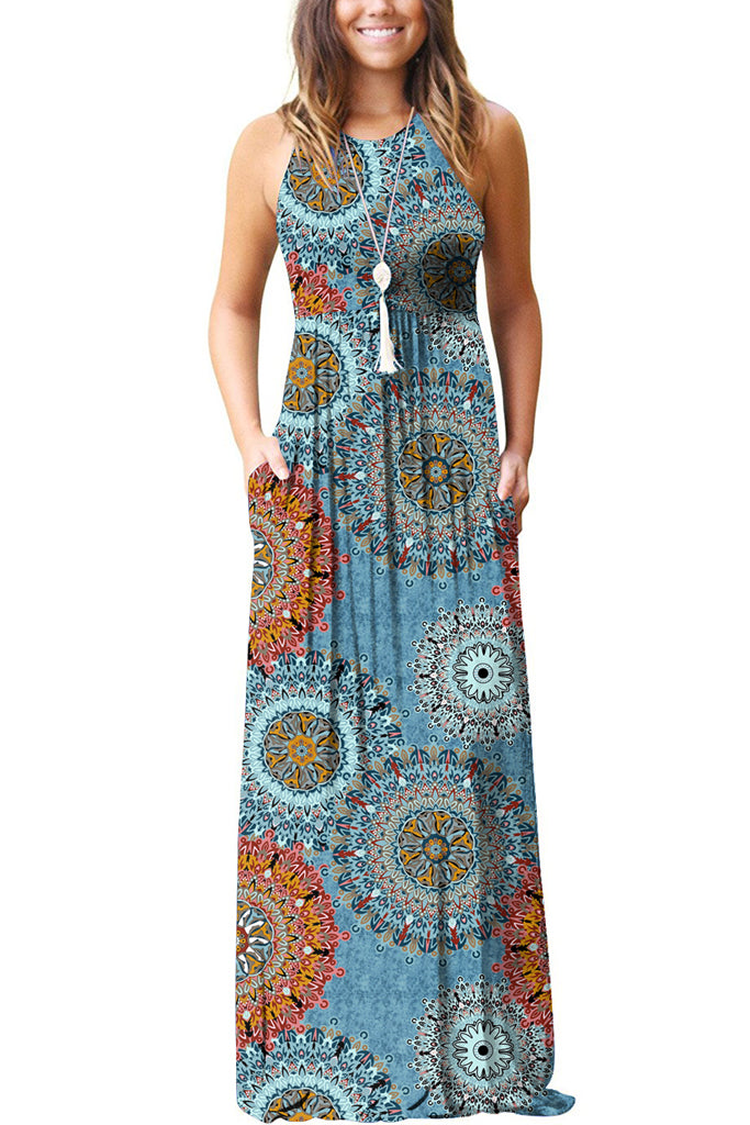Sleeveless Racerback Loose Plain Maxi Dresses Casual Long Dresses with Pockets Floral Blue