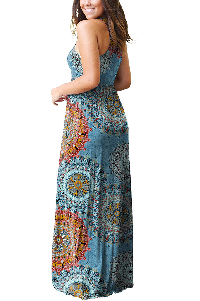 Sleeveless Racerback Loose Plain Maxi Dresses Casual Long Dresses with Pockets Floral Blue