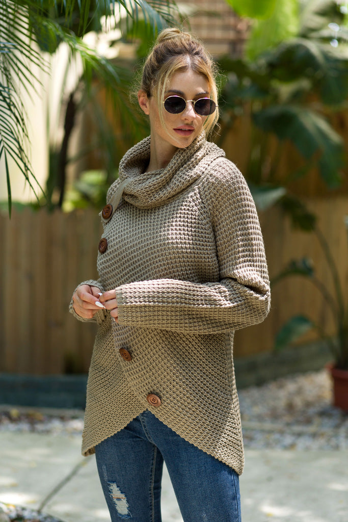 Solid Color Chunky Button Pullover Sweater Turtle Cowl Neck Asymmetric Hem Knit Sweater Dark Khaki Khaki