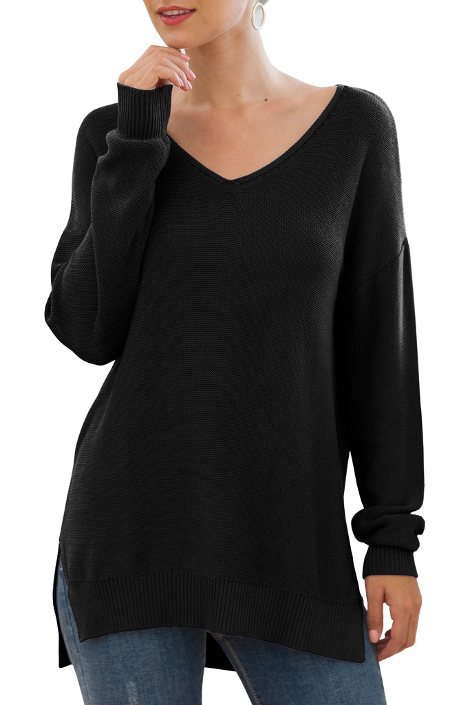 V-Neck Long Sleeve Side Split Loose Casual Knit Pullover Sweater Blouse