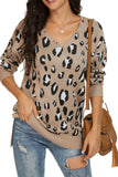 V-Neck Long Sleeve Side Split Loose Casual Knit Pullover Sweater Leopard
