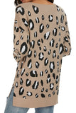 V-Neck Long Sleeve Side Split Loose Casual Knit Pullover Sweater Leopard