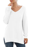 V-Neck Long Sleeve Side Split Loose Casual Knit Pullover Sweater Blouse