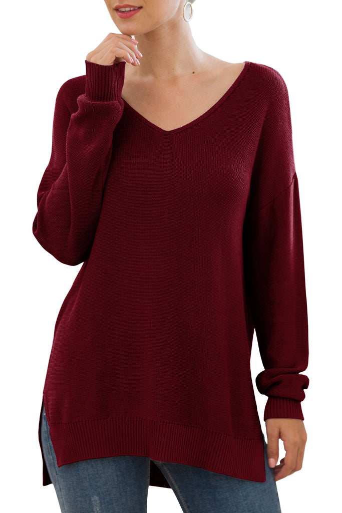 V-Neck Long Sleeve Side Split Loose Casual Knit Pullover Sweater Blouse Khaki Wine Red