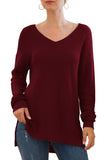 V-Neck Long Sleeve Side Split Loose Casual Knit Pullover Sweater Blouse Khaki Wine Red