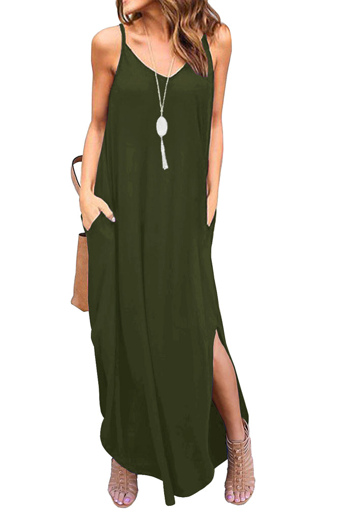 Summer Casual Loose Dress Beach Cover Up Long Cami Maxi Dresses with Pocket Army Green GC8031-Wine Red