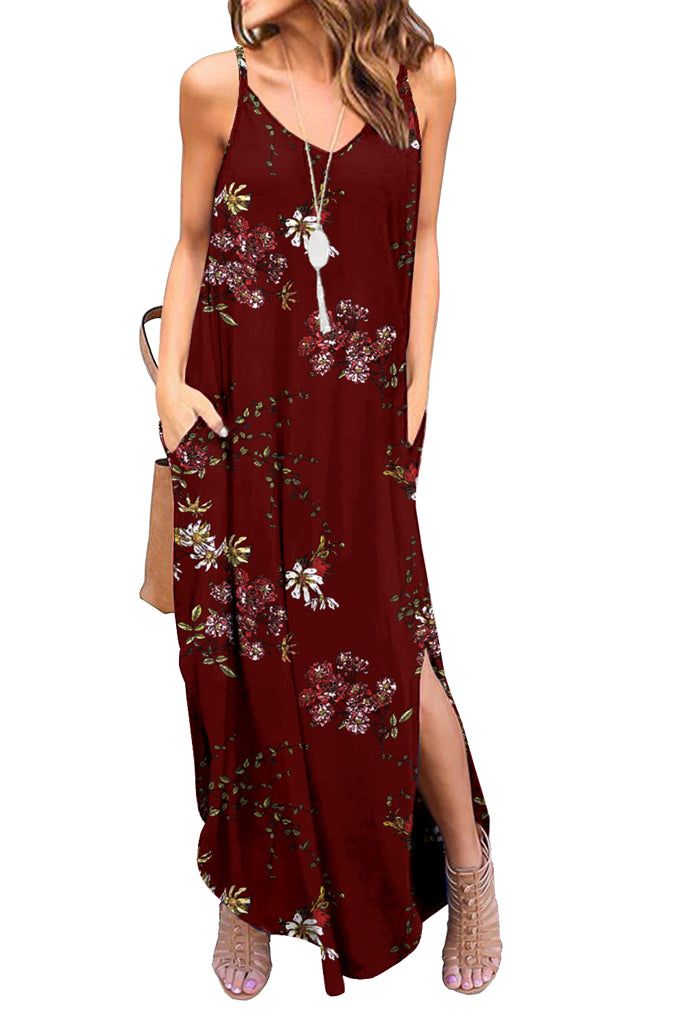 Summer Casual Loose Dress Beach Cover Up Long Cami Maxi Dresses with Pocket Floral
