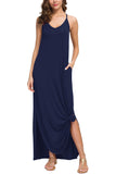 Summer Casual Loose Dress Beach Cover Up Long Cami Maxi Dresses with Pocket Black Navy Blue Dark Gray