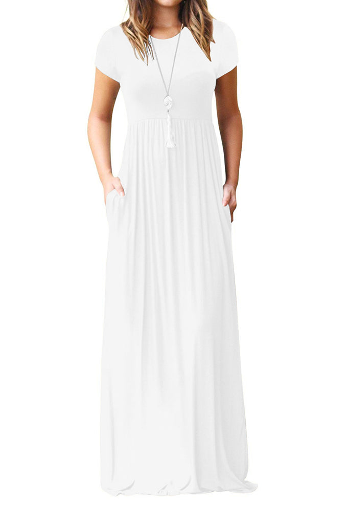Short Sleeve Loose Plain Maxi Dresses Casual Long Dresses with Pockets Black White Navy Blue White