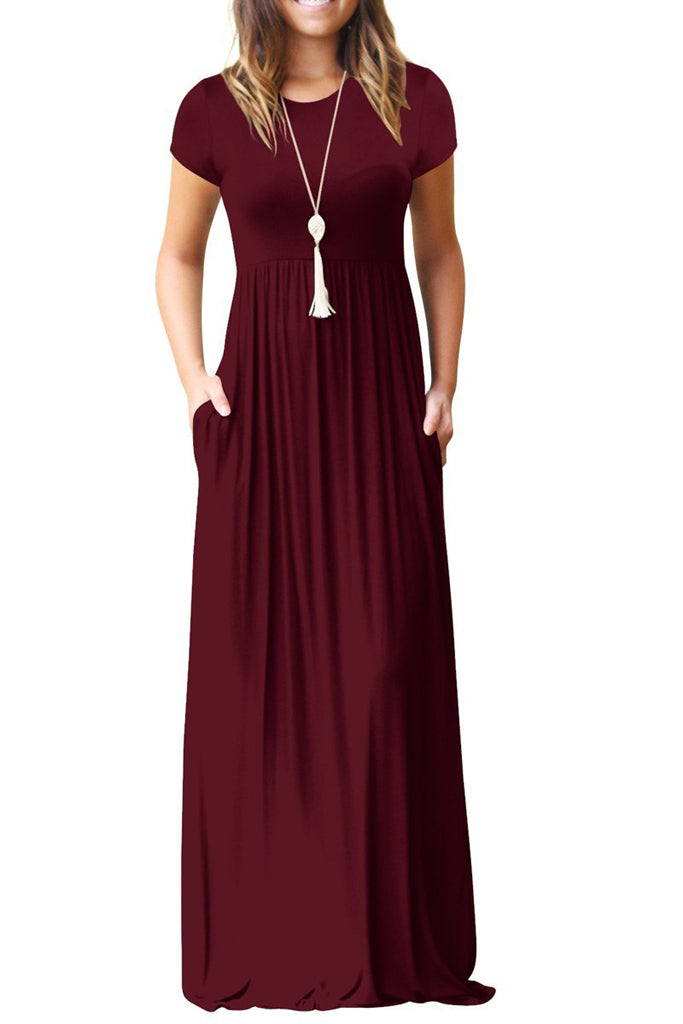 Short Sleeve Loose Plain Maxi Dresses Casual Long Dresses with Pockets Army Wine Red Green