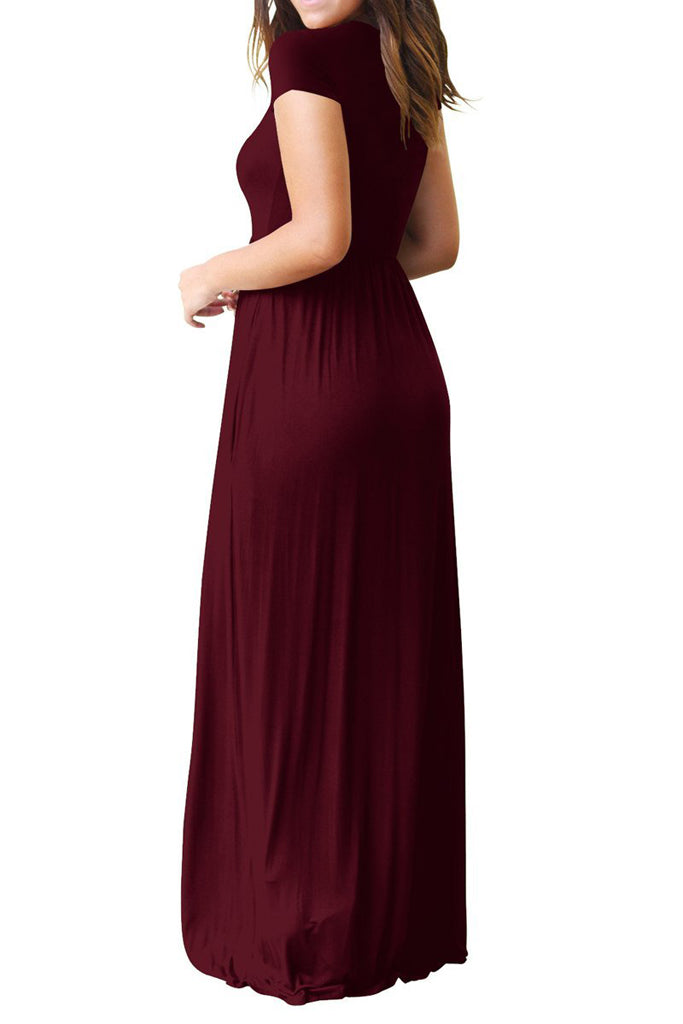 Short Sleeve Loose Plain Maxi Dresses Casual Long Dresses with Pockets Army Wine Red Green