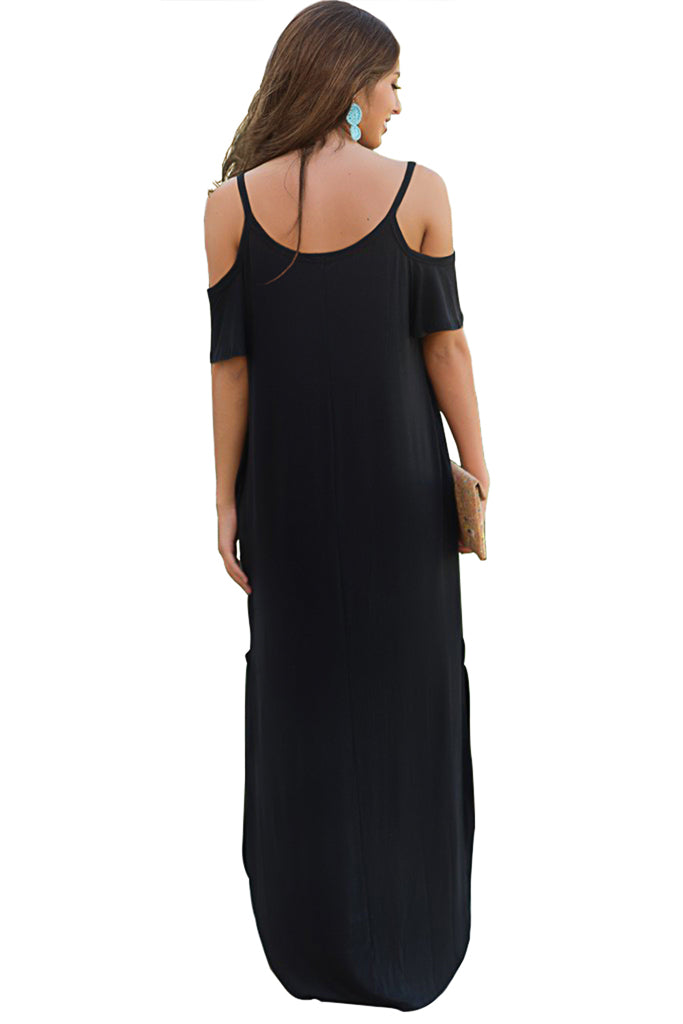 Summer Casual Loose Long Dress Strapless Strap Cold Shoulder Short Sleeve Split Maxi Dresses with Pocket