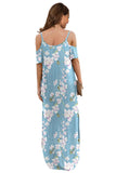 Summer Casual Loose Long Dress Strapless Strap Cold Shoulder Short Sleeve Split Maxi Dresses with Pocket Floral