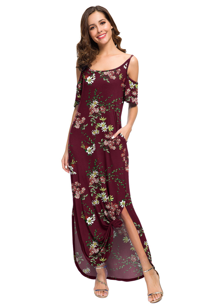 Summer Casual Loose Long Dress Strapless Strap Cold Shoulder Short Sleeve Split Maxi Dresses with Pocket Floral