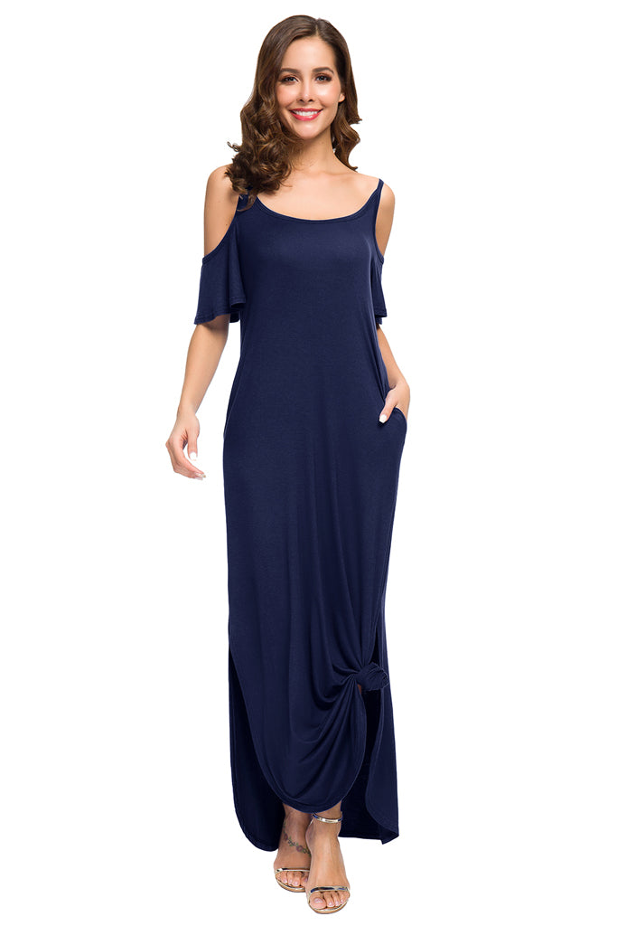 Summer Casual Loose Long Dress Strapless Strap Cold Shoulder Short Sleeve Split Maxi Dresses with Pocket Navy Blue Royal Blue Wine Red