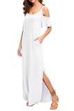 Summer Casual Loose Long Dress Strapless Strap Cold Shoulder Short Sleeve Split Maxi Dresses with Pocket