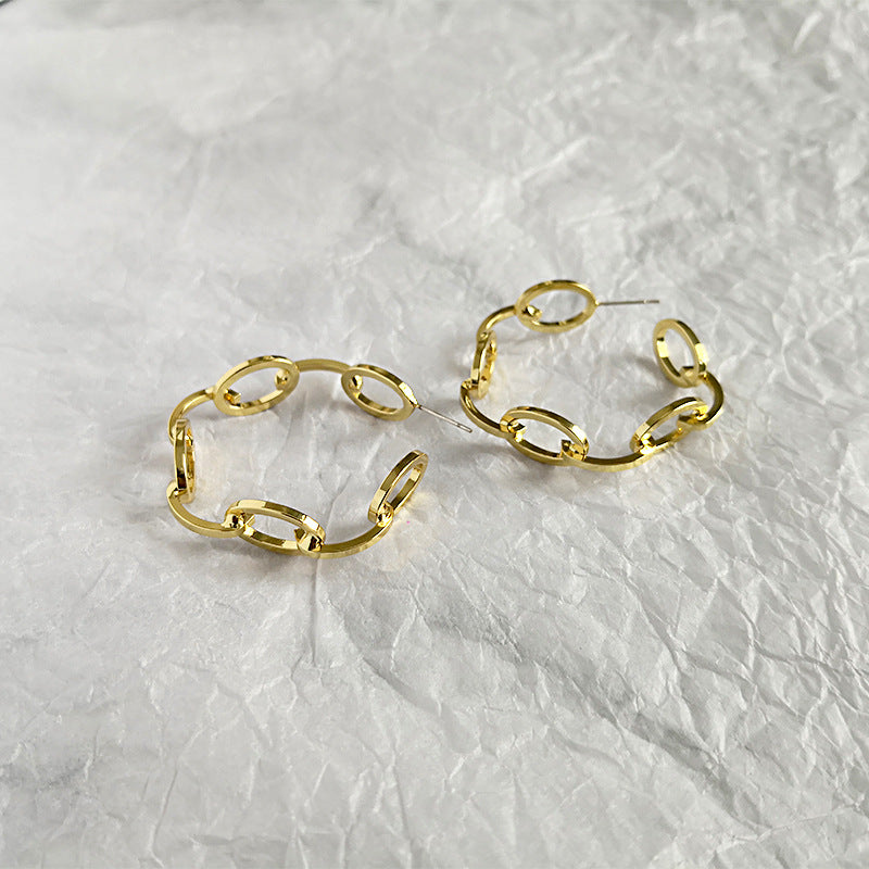Gold Circle Stud Women Ellipse and Line Link Geometric Earrings
