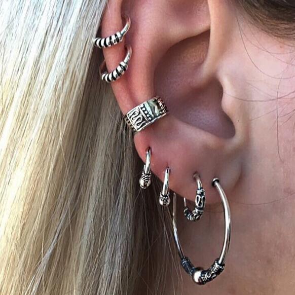 Vintage Silver Ear Clip Alloy Metal Punk Small Hoop 7 Pcs/Set Earrings set