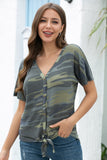 Waffle Knit Tunic Blouse Tie Knot Short Sleeve Henley Tops Loose Fitting Bat Wing Shirts Camo