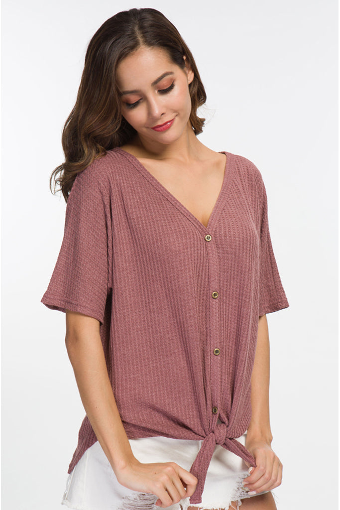 Waffle Knit Tunic Blouse Tie Knot Short Sleeve Henley Tops Loose Fitting Bat Wing Shirts