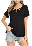 SHOWMALL Solid Casual Shirts Short Sleeve Criss Cross Top