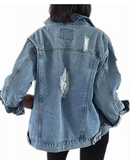 Hisir Basic Jacket for Women Destoryed Long Sleeve Boyfriend Jean Jacket Loose Coat