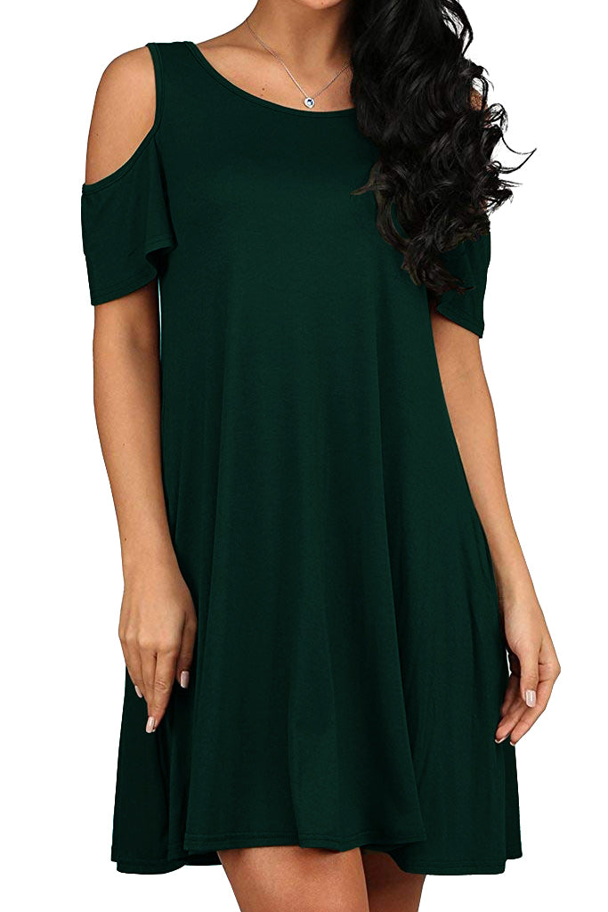 Solid Cold Shoulder Swing Loose Dress with Pockets