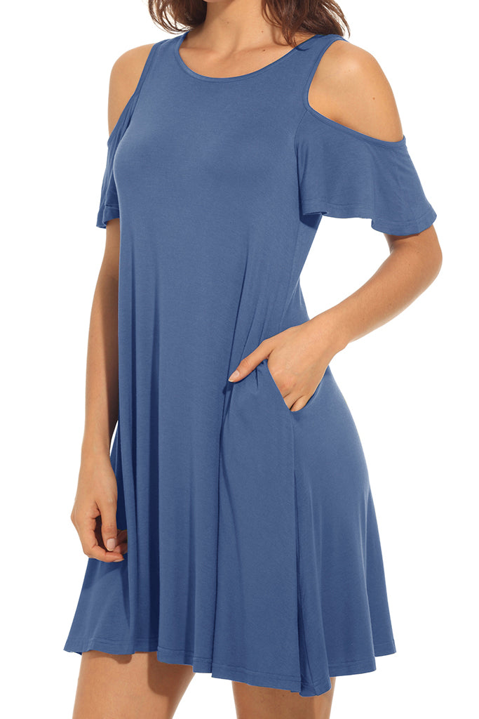 Long Sleeve Cold Shoulder Tunic Top Swing T-Shirt Loose Dress with Pockets Blue