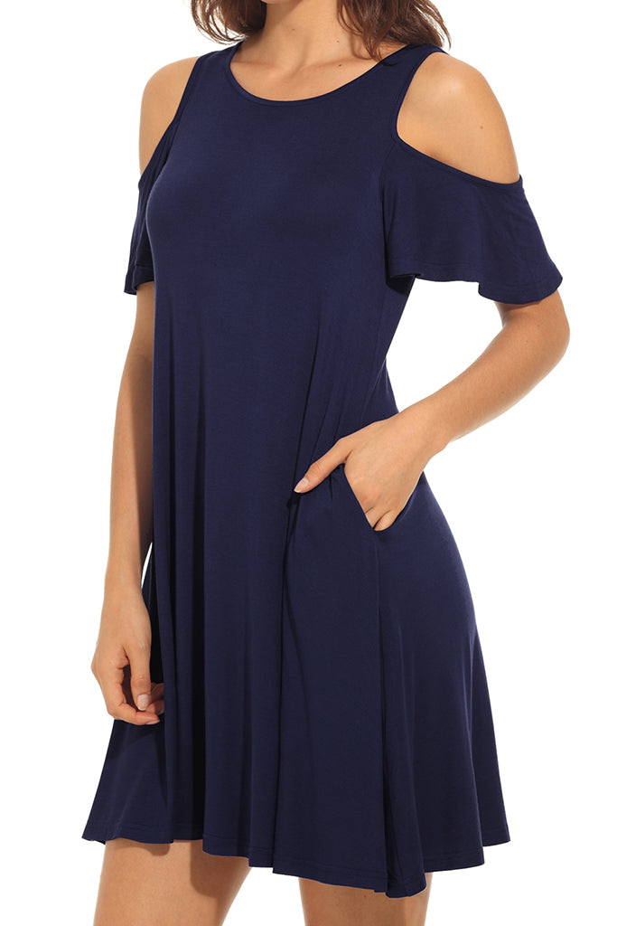 Long Sleeve Cold Shoulder Tunic Top Swing T-Shirt Loose Dress with Pockets Blue