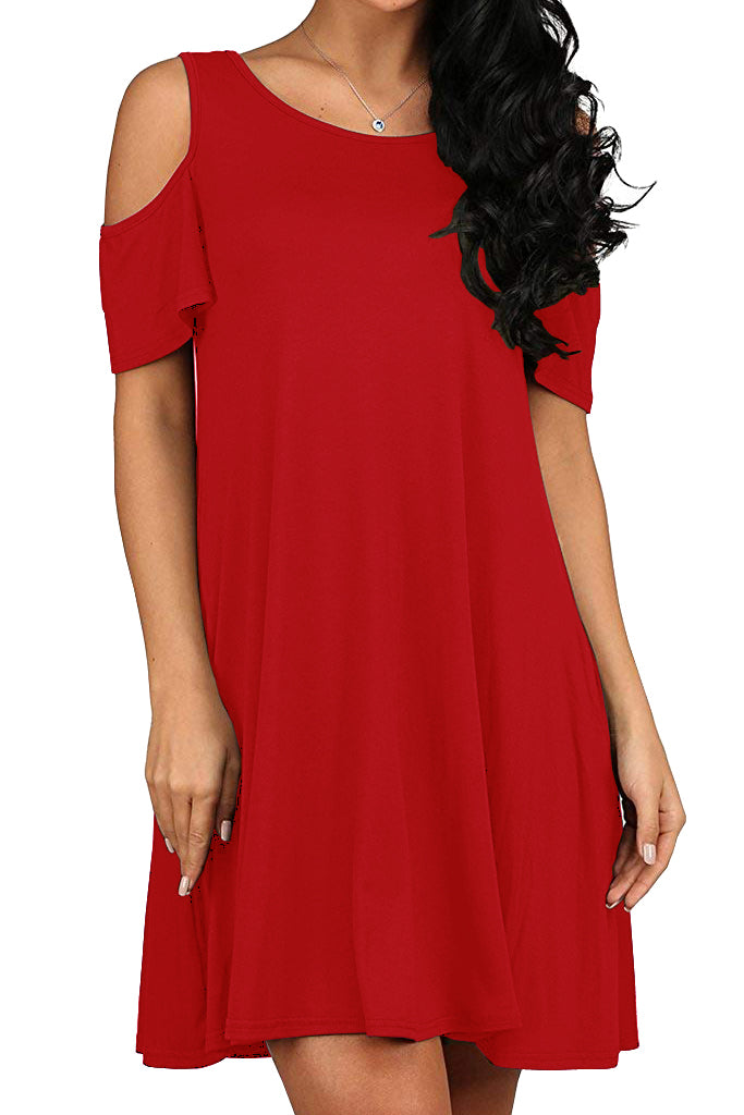 Solid Cold Shoulder Swing Loose Dress with Pockets