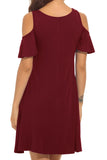 Long Sleeve Cold Shoulder Tunic Top Swing T-Shirt Loose Dress with Pockets Red