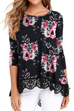 Floral Long Sleeve Lace Trim Round Neck A Line Tunic