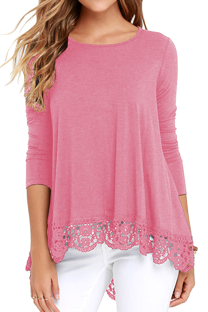 Solid Long Sleeve Lace Trim Round Neck A Line Tunic