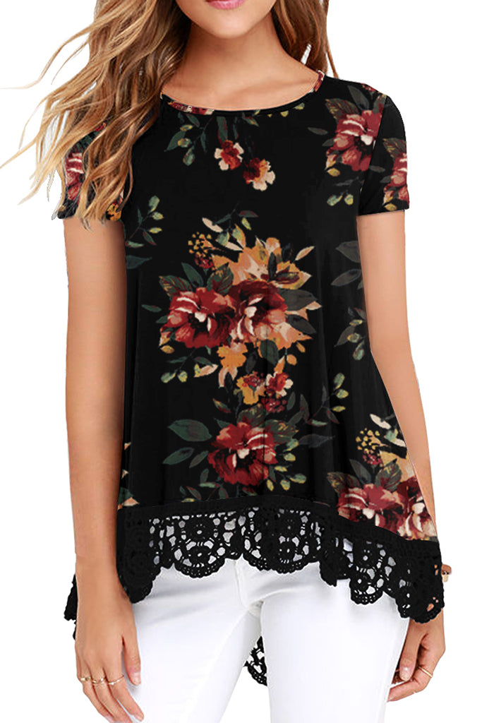 Floral Short Sleeve Lace Trim Round-Neck A Line Tunic