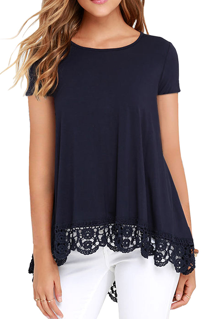 Solid Short Sleeve Lace Trim Round-Neck A Line Tunic
