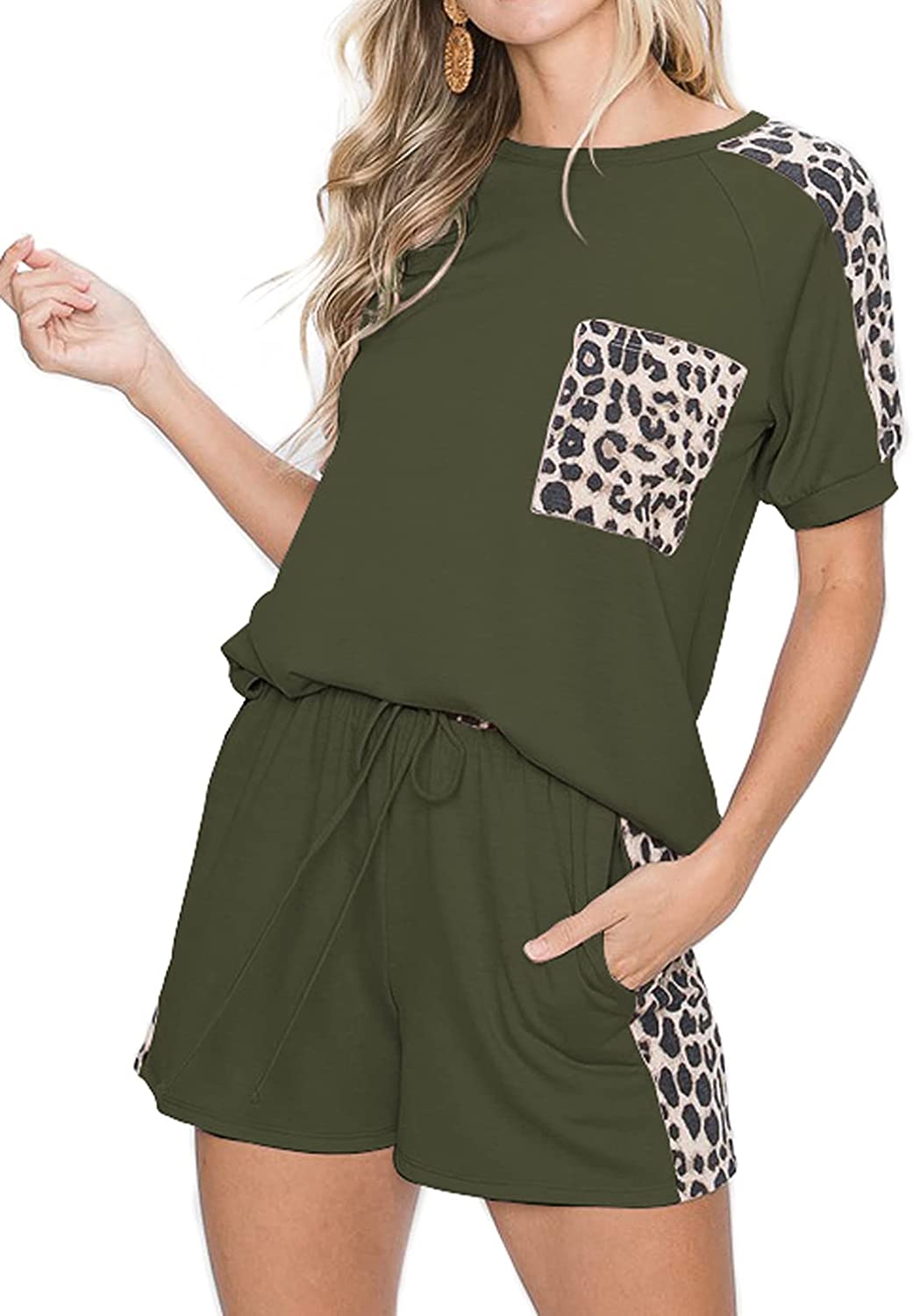 Women’s Casual Leopard Printed Pajamas Set Short Sleeve Tops With Shorts Lounge Set Two-Piece Sleepwear With Pockets