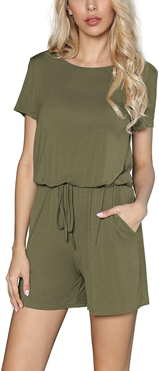 Women's Summer Short Sleeve Rompers Casual Short Pants Jumpsuit with Pockets