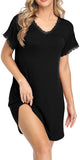 Nightgowns for Womens Sexy Sleep Shirt Dress V Neck Batwing Short Sleeve Lace Trim Soft Short Night Shirts