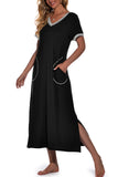 Womens Long Nightgown Short Sleeve Nightshirt V-Neck Soft With Pockets