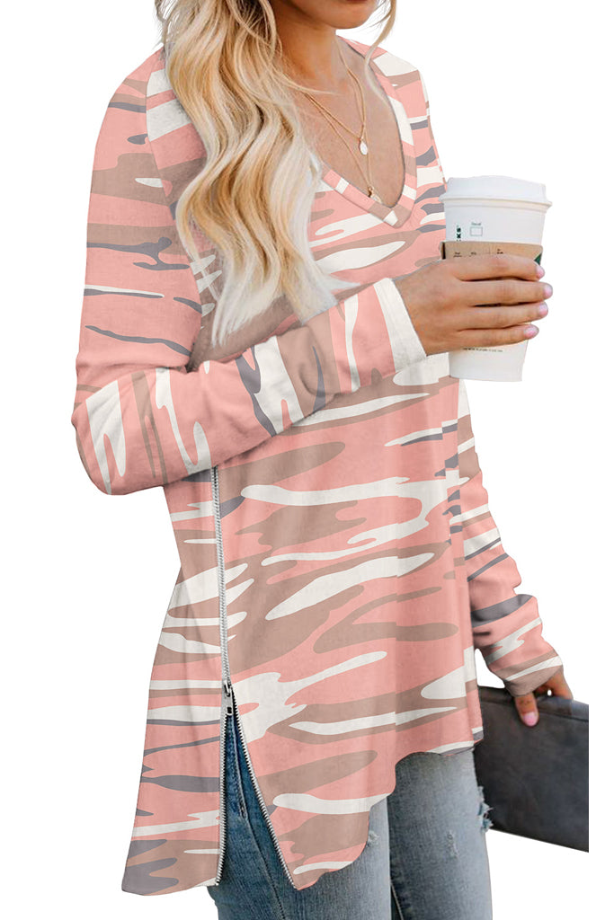 Causal V-Neck Soft Raglan Long Sleeves Tops Basic T-Shirt  with Side Zipper- Floral Printed