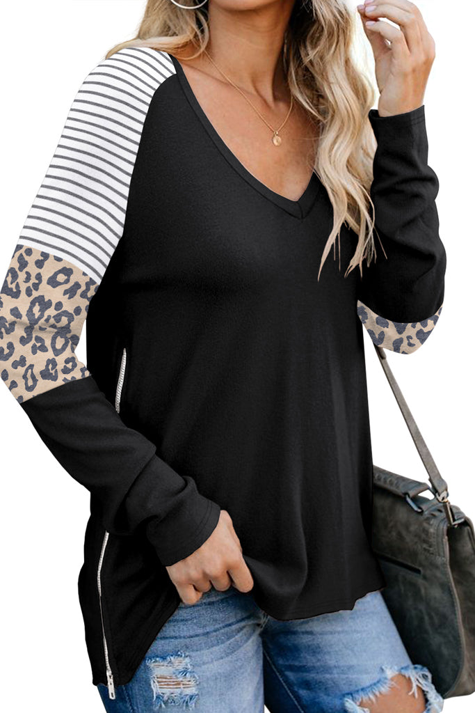 PrinStory Women's Fall Causal V-Neck Soft Raglan Long Sleeves Tops Basic T-Shirt  with Side Zipper- Color Block
