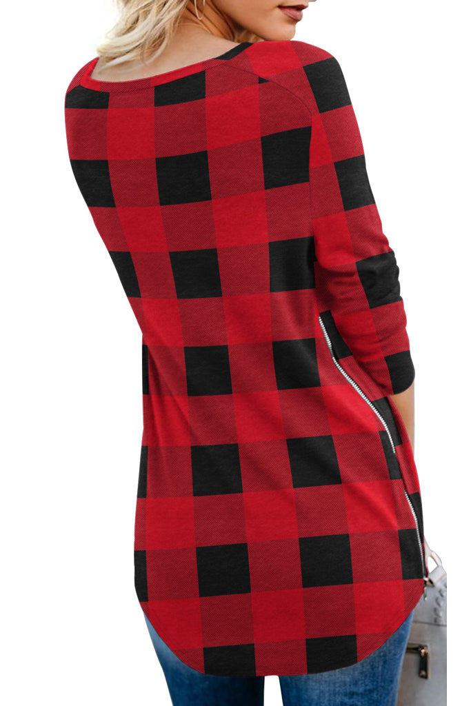 Causal V-Neck Soft Raglan Long Sleeves Tops Basic T-Shirt  with Side Zipper- Grid