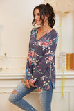 Causal V-Neck Soft Raglan Long Sleeves Tops Basic T-Shirt  with Side Zipper- Floral Printed