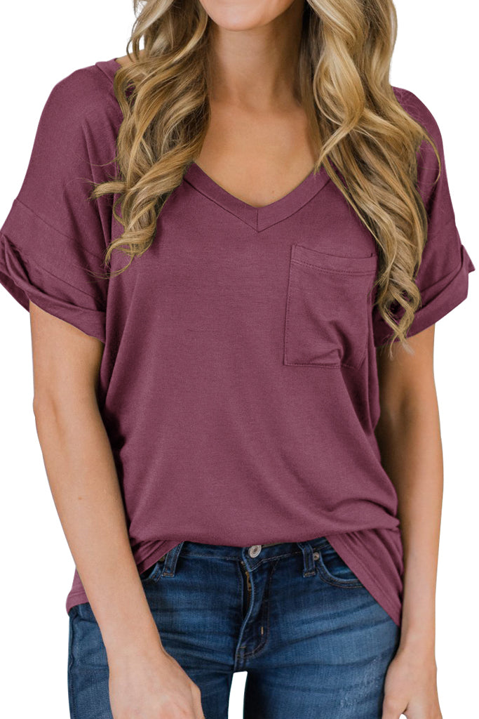 PrinStory Casual Tops Short Sleeve V-Neck Shirts Loose Blouse Basic T-Shirt