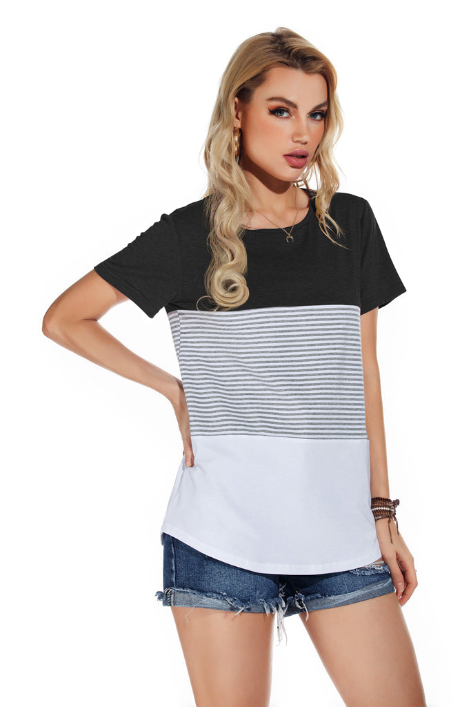 Casual Short Sleeve Round Neck Triple Color Block Stripe T-Shirt