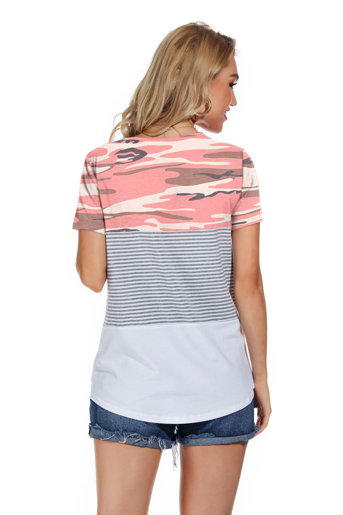 Casual Short Sleeve Round Neck Triple Color Block Stripe T-Shirt - Camouflage