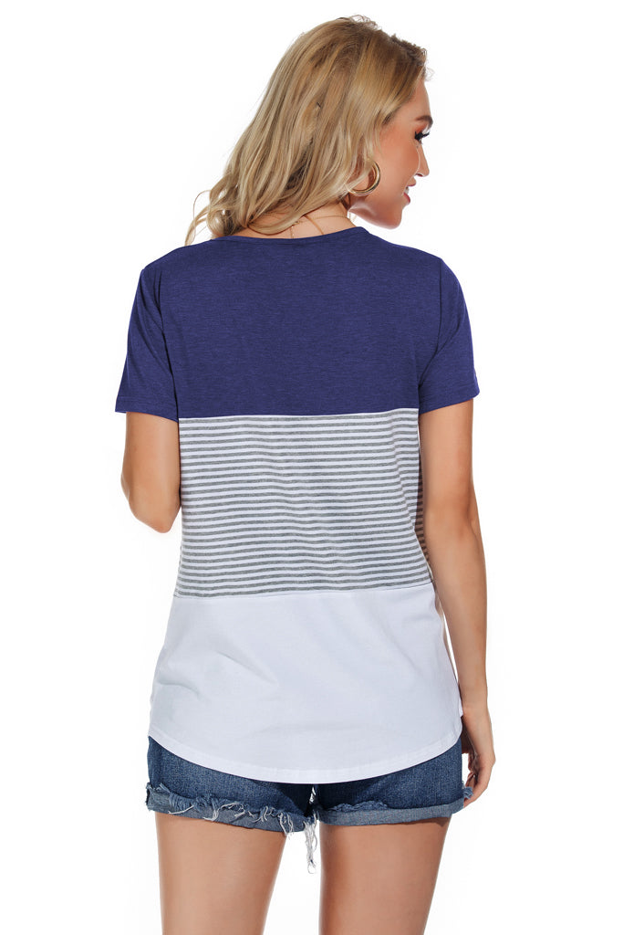 Casual Short Sleeve Round Neck Triple Color Block Striped T-Shirt - Variegated Color