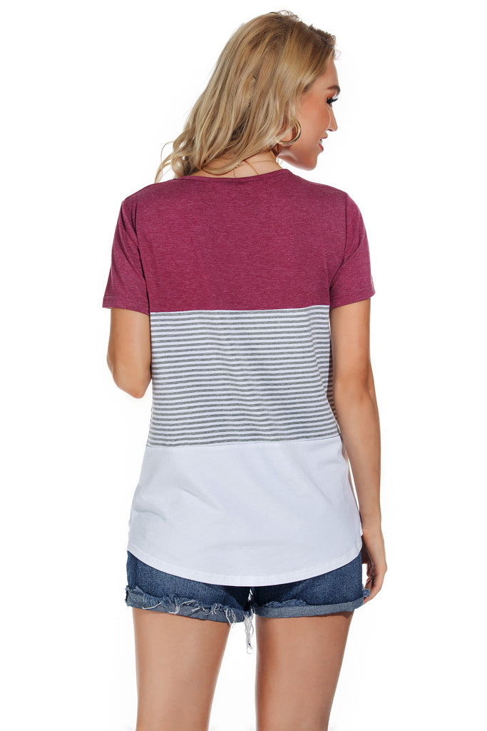 Casual Short Sleeve Round Neck Triple Color Block Striped T-Shirt - Variegated Color